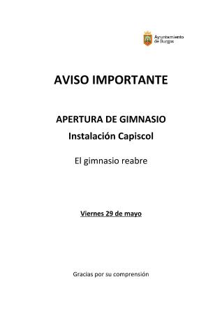 Image AVISO REAPERTURA GIMNASIO CAPISCOL